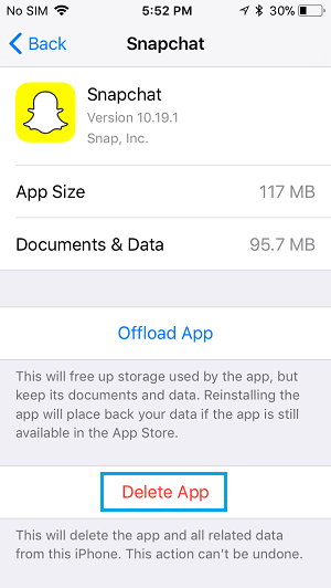 delete snapchat app on iphone